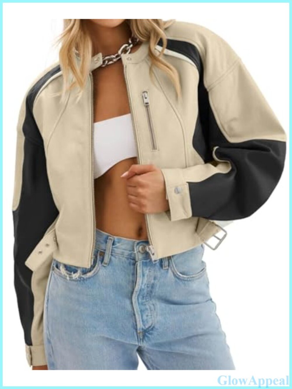 Faux Leather Bomber Jacket Cropped Moto Biker Coat Collarless Zip
